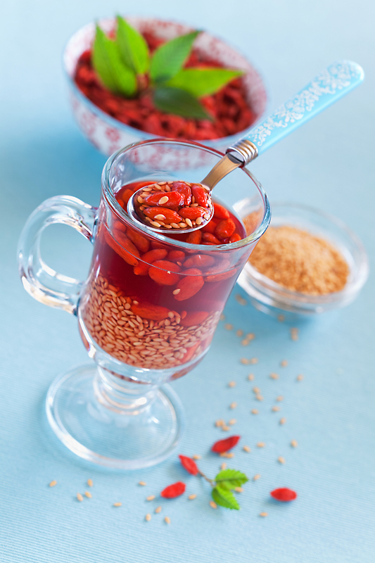 Flax seeds and goji berry kissel. Selective focus